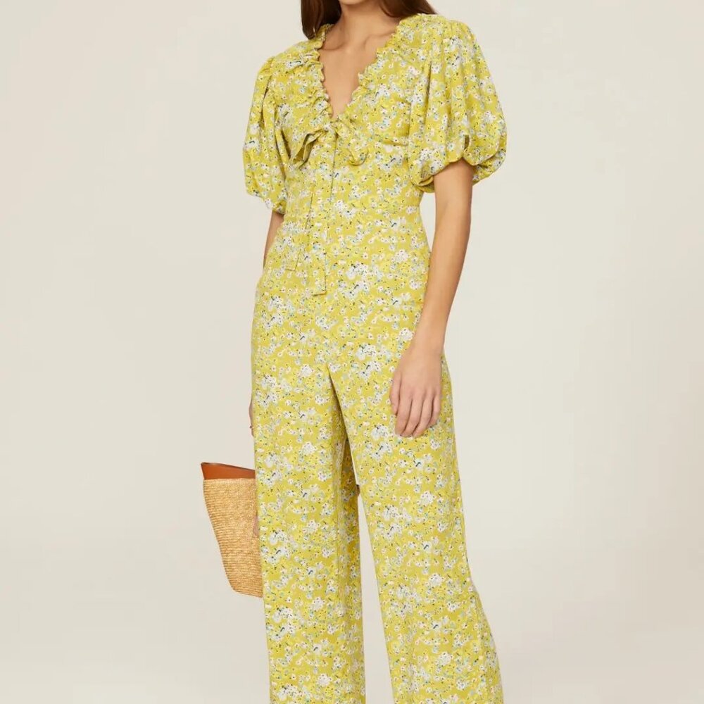 Yellow Floral Puff-Sleeve Jumpsuit